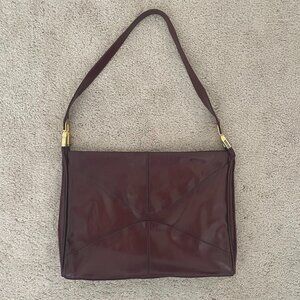 Vintage Lou Taylor Burgundy Leather Handbag – Made in Italy, Gold Pop Up Mirror
